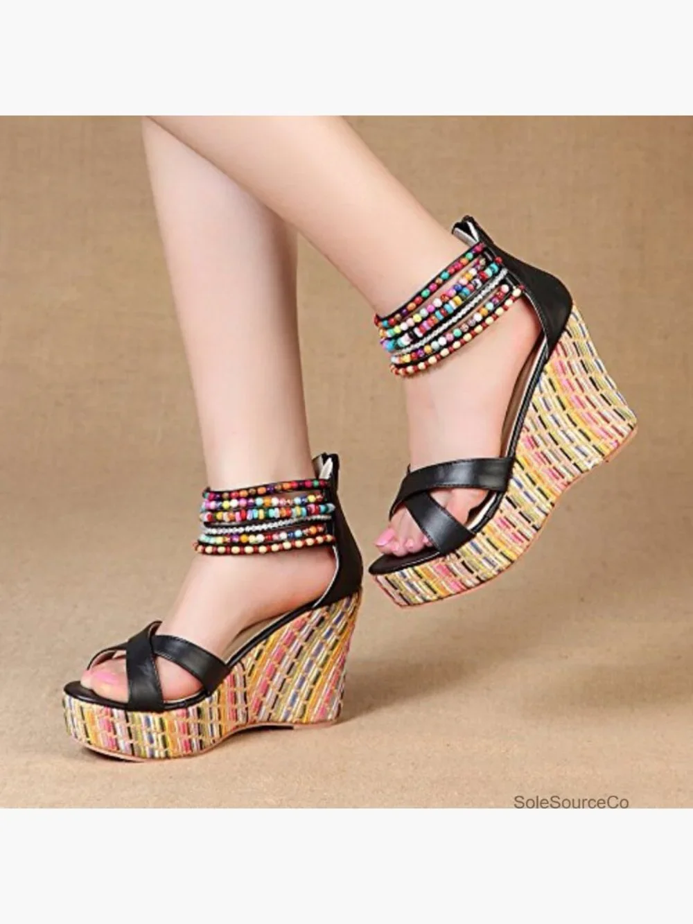 Women's Pearl Wedge Sandals Platform High Heels Back Zip Peep Toe